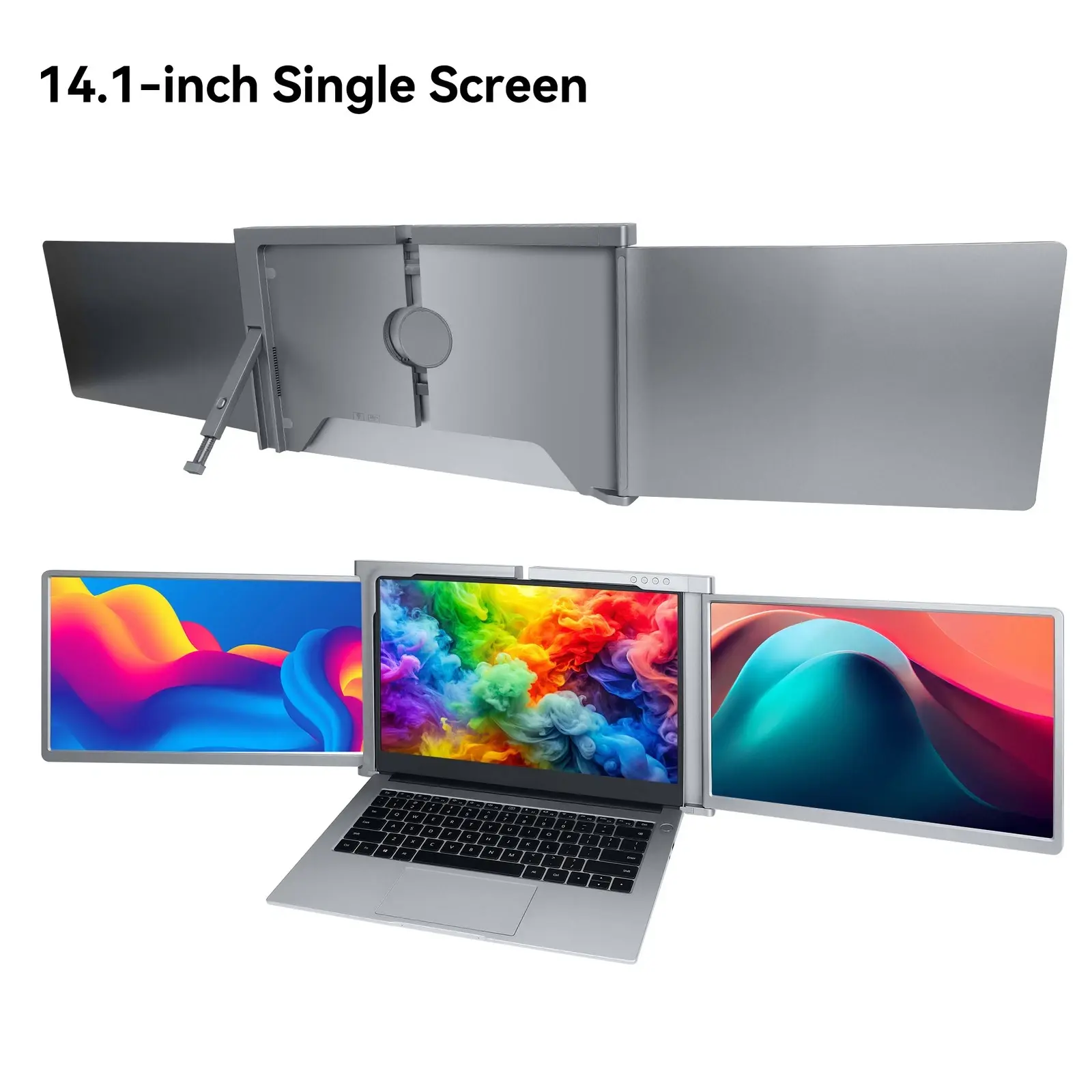 14.1-inch triple portable monitor opened around a silver laptop showing vivid colors on all three screens